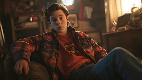 Shallow-depth portrait of teen in flannel under warm backlighting