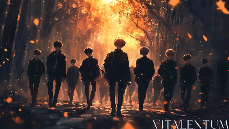 Autumn forest friends walking through glowing evening light.