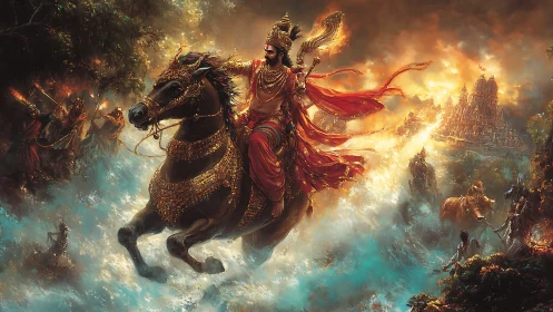 Warrior king charges through stormlit battlefield toward temple