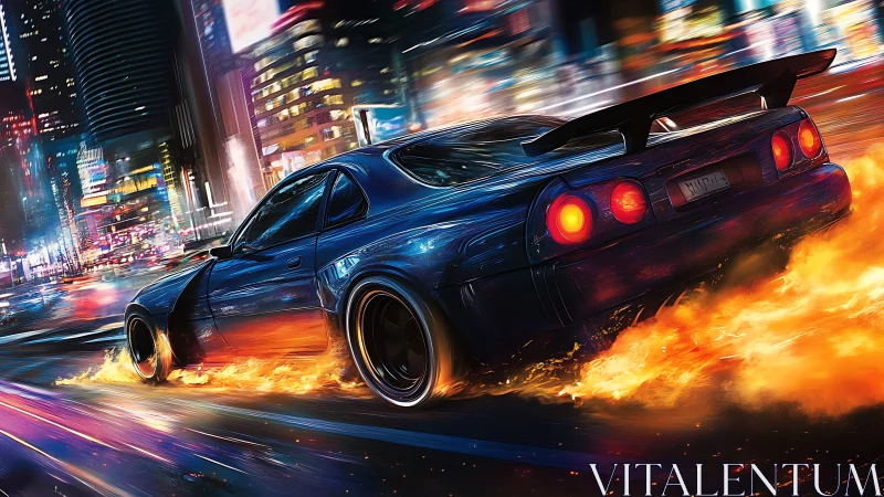Night street racer tears through neon city in blazing drift