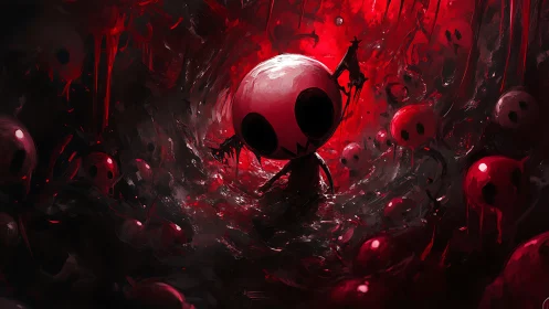 Central skeletal figure stands amid red-black abstract forms