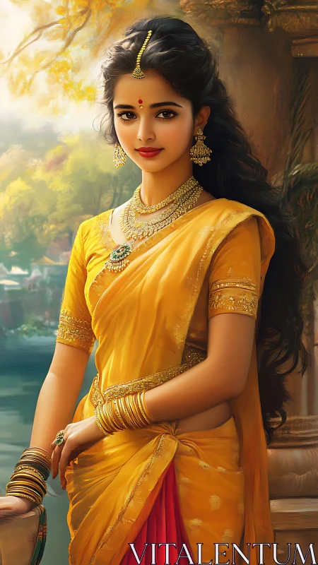 Young woman in yellow sari with jewelry in outdoor setting.