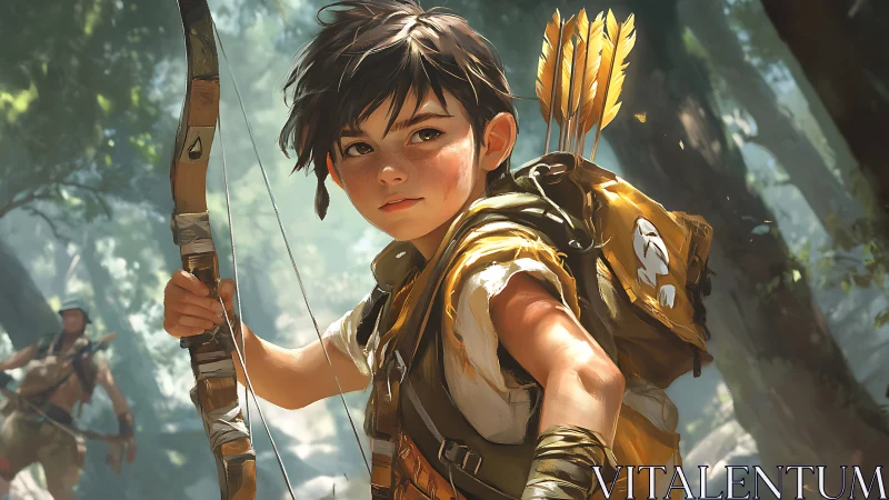 Young forest archer in warm cinematic rim lighting.