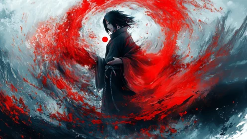 Crimson storm sorcerer wrapped in swirling painted power.