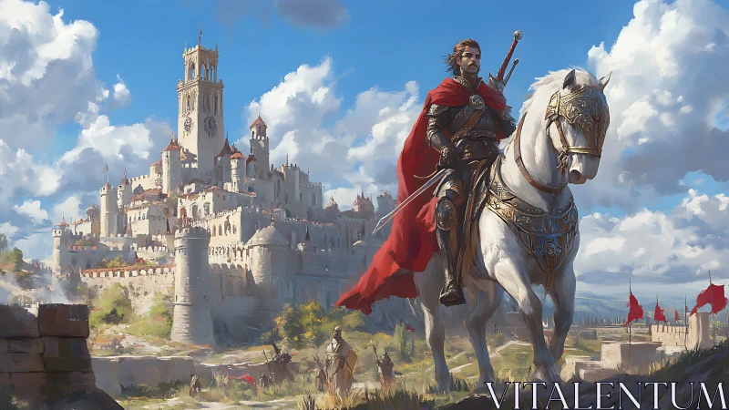 Armored knight on barded warhorse approaches fortified hill castle