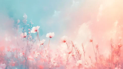 Soft pastel wildflowers stand against a blurred sky backdrop