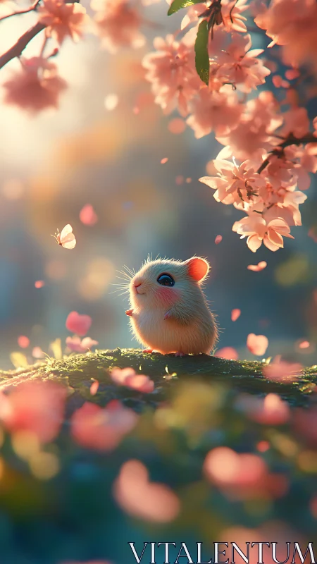 Gentle springtime mouse watching petals and butterflies.