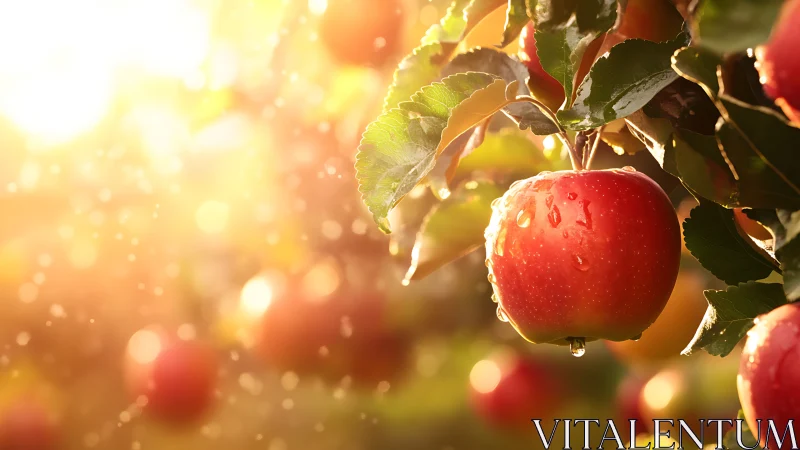 Macro close-up of dewy red apple on tree in golden backlight