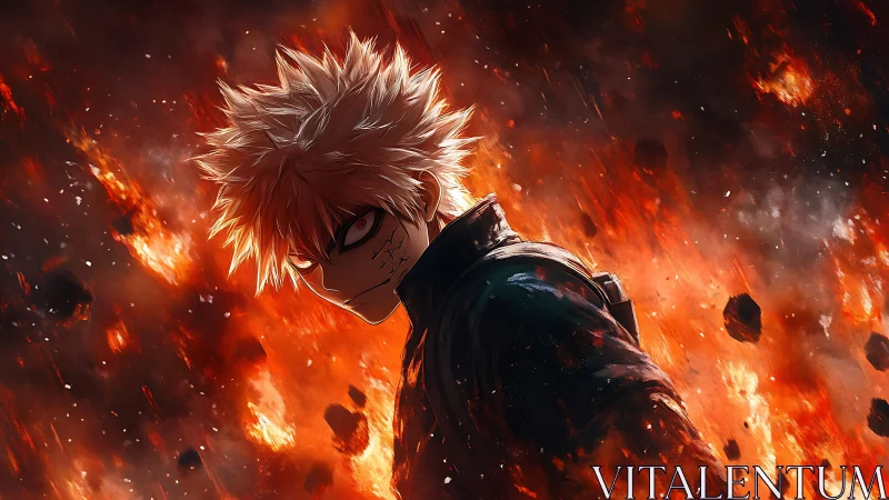 White haired anime fighter stands amid explosive firestorm