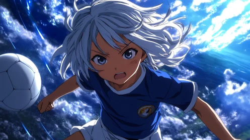 Dynamic anime footballer in aerial action perspective render.