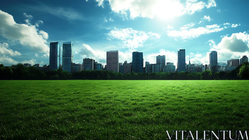 Sunlit city skyline watching over a quiet green meadow.