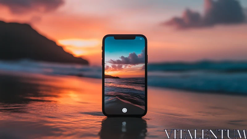 Smartphone mirrors vivid sunset over reflective shoreline.