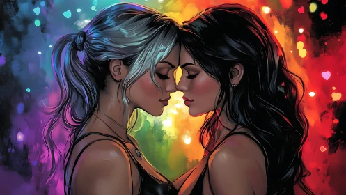 Two Figures in Intimate Profile, Luminescent Hearts and Neon Aura.