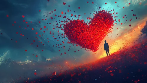 Solitary Figure Before Floating Red Hearts Against Dramatic Sky
