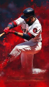 Crimson dust erupts as a power hitter carves through contact.