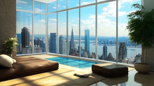 Penthouse lounge with pool and expansive city skyline view.