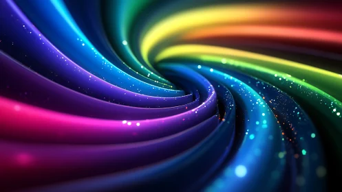 Chromatic vortex with luminous spiral ribbons and particles.