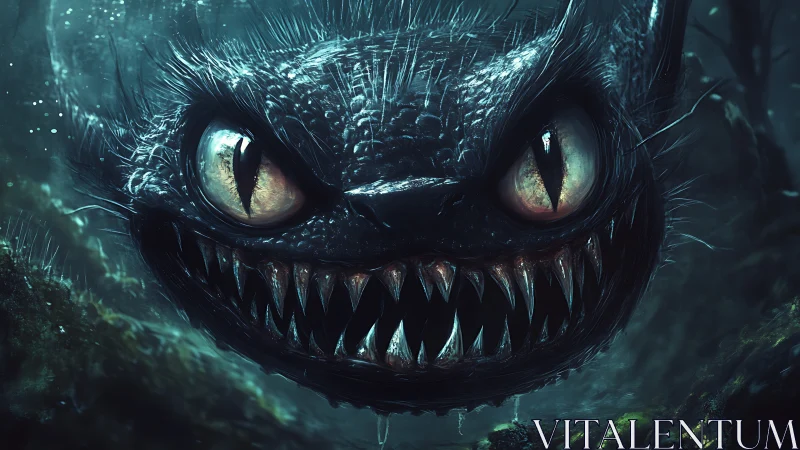 Midnight sea creature grins with eerie, gleaming fanged smile