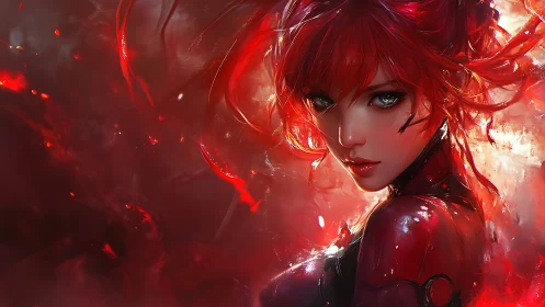 Red haired cyber heroine glares through blazing crimson haze