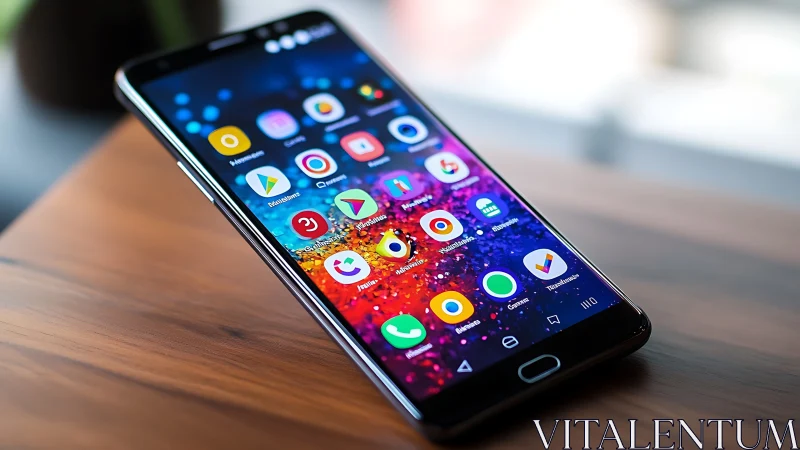 Smartphone displaying colorful app icons on wooden surface