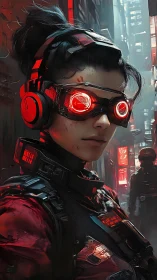 Neon-eyed cyber scout pauses in a rain-soaked future alley