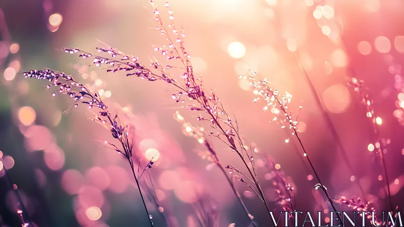 Dewlit meadow grasses shimmer in rose-gold morning haze.