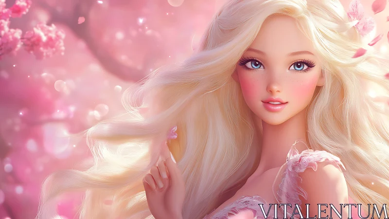 Blossom-dusted blonde muse in a dreamy pink petal haze.