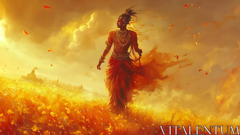 Golden field deity striding through luminous stormlight.