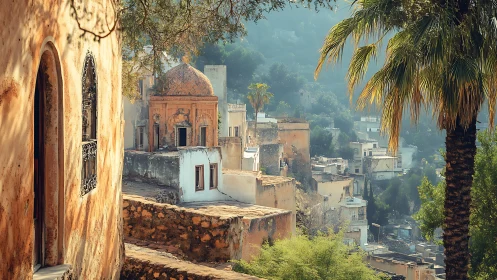 Sunlit hillside town drifts softly into the morning haze