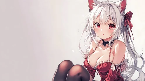 White-haired anime catgirl poses in red frilled outfit.