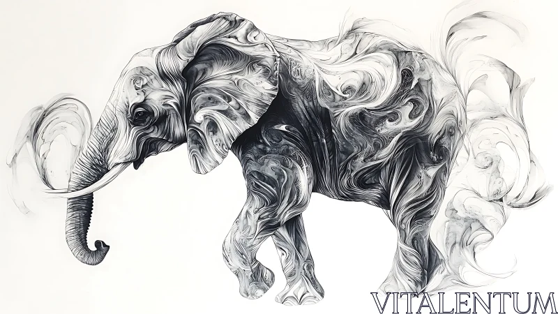 Monochrome swirling elephant silhouette merges motion and form