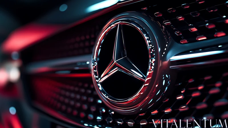 Chrome star emblem dominates illuminated car grille closeup