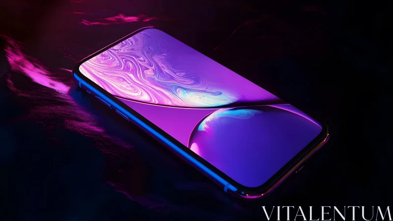 Futuristic smartphone with glowing neon screen in dark setting.