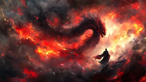 Blazing draconic storm surrounds lone warrior silhouette.