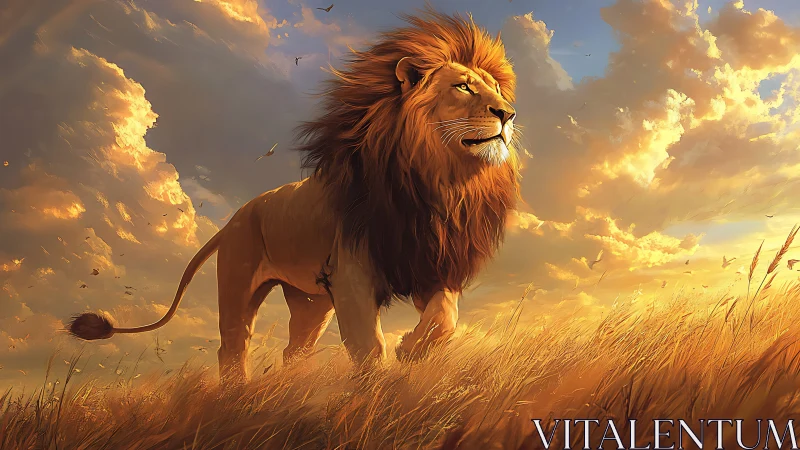 Lion stands in golden field under dramatic sunset clouds