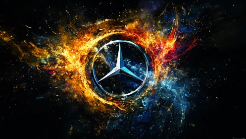 Shimmering silver emblem glowing in swirling cosmic color.