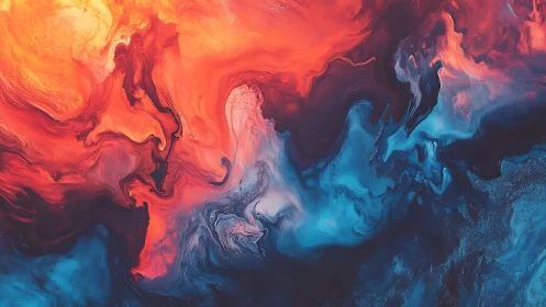 Molten red and cyan abstract fluid landscape in motion.