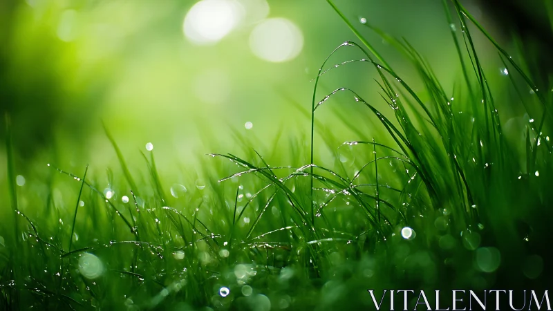 Macro optical study of dew-laden grass blades at sunrise.