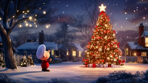 Snowy village yard with decorated outdoor Christmas tree.