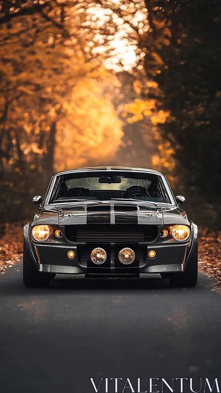 Classic muscle car glows against a golden autumn roadway