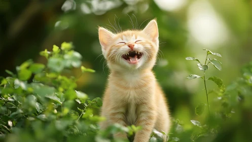 Ginger Kitten Laughing Joyfully Among Garden Flowers