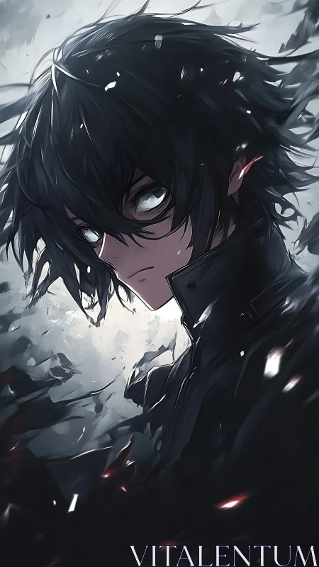 Brooding anime hero with stormy eyes and windswept darkness.