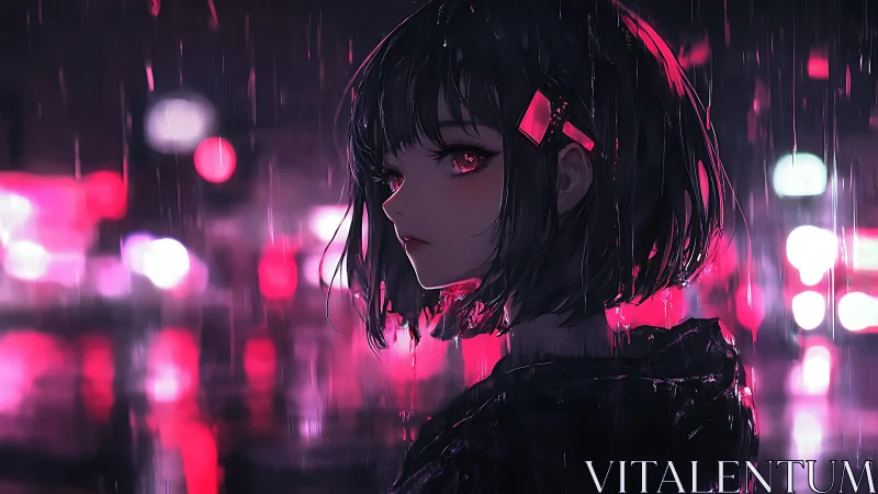 Cyberpunk rain portrait with neon rim lighting and bokeh depth.