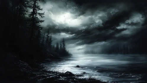 Dark forest lake under stormy moonlit night sky.