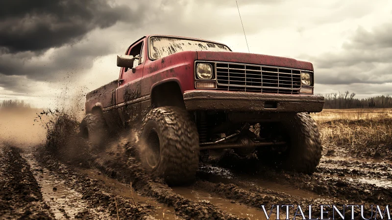 Red lifted pickup tearing through muddy country trail.