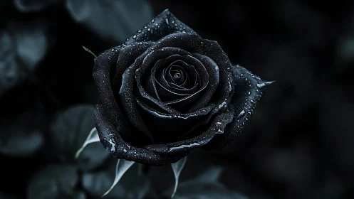 Midnight black rose glistens with dew in dramatic silence