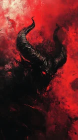Horned demonic silhouette emerges from swirling crimson smoke