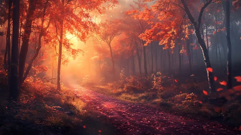 Autumn Forest Ablaze with Golden Sunlight Through Misty Trees