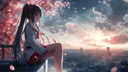 Sunset parallax over cityscape with reflective anime silhouette.