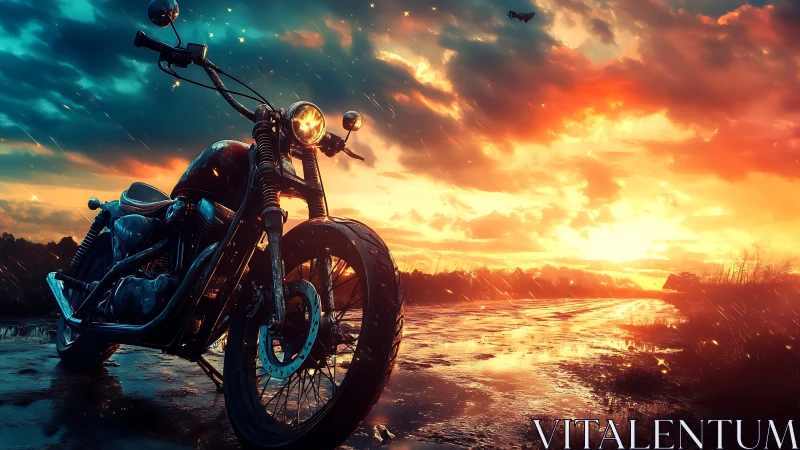 Bold custom motorcycle waits beside a glowing sunset river